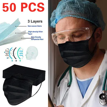 

50pcs Black Disposable Non-woven 3-layer Face Mask Breathable Mask With Elastic Earband Breathable Adult Mouth Mask