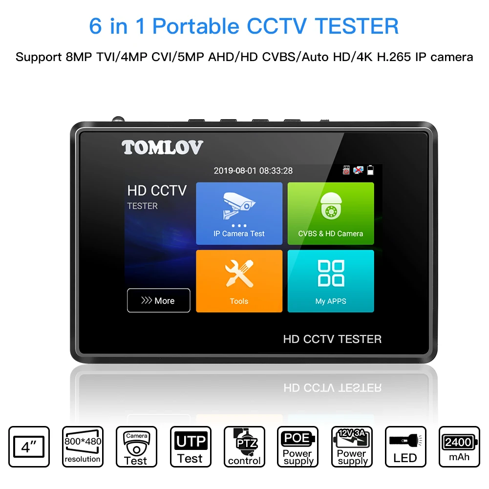 

CCTV Tester Monitor TVI CVI AHD CVB input 4K IP Camera Test Rapid ONVIF 4'' Touch Screen Portable Wrist PoE camera tester