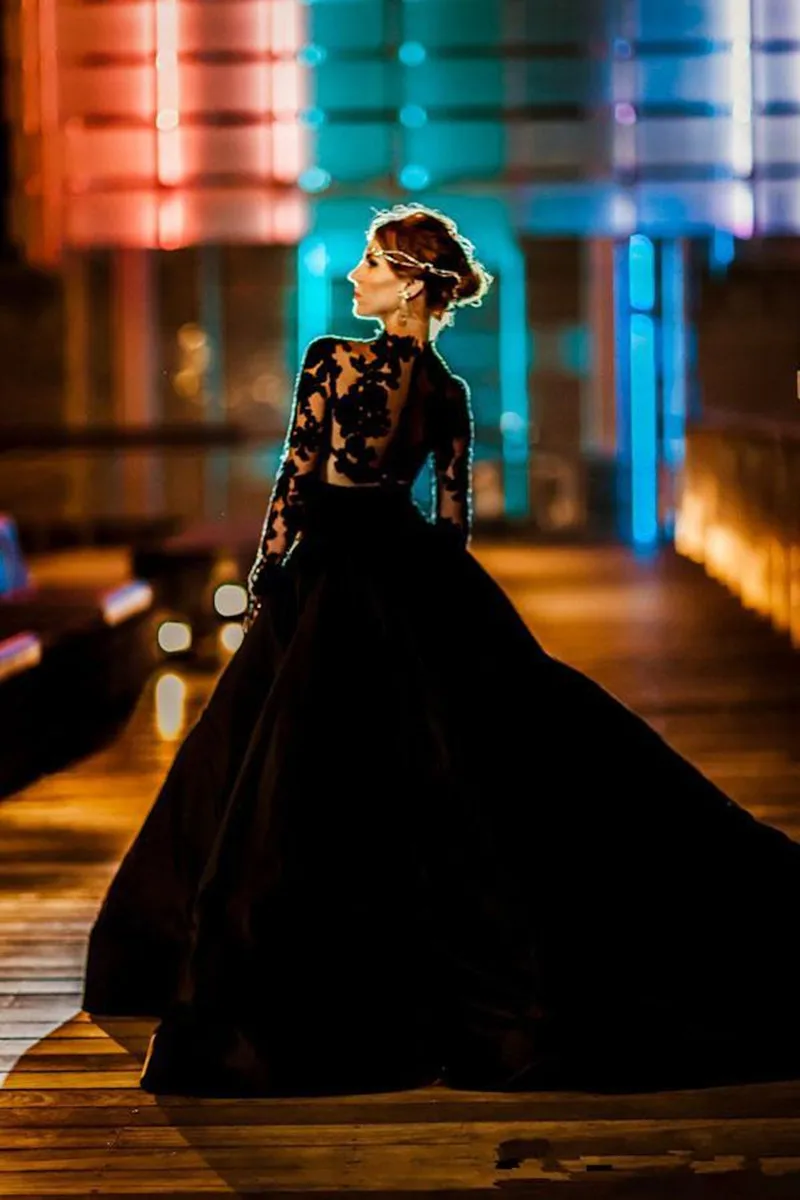 Vestidos Винтаж, готика, черный свадебное платье длинный рукав из тюли с высоким воротом кружева трапециевидной формы с коротким шлейфом Свадебные платья индивидуального пошива аппликации