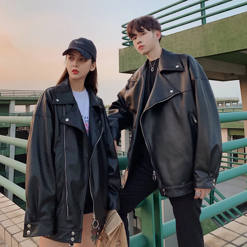 

Men's Leather Jacket 2020 Spring New Pure Color Mixed Leather Drop Shoulder Jacket Youth Personality Fashion Trend Men's Wear