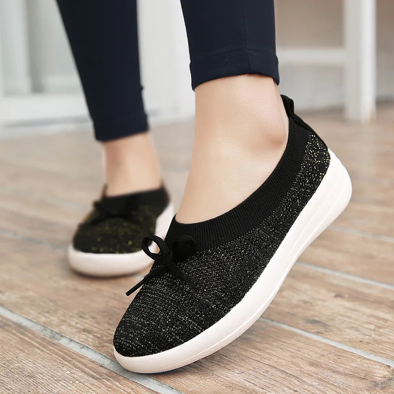 

2019 Spring And Autumn Punched Sheet Shoes Slip-on WOMEN'S Shoes Flat Running Casual Soft-Sole Mesh Bow Athletic Shoes 42