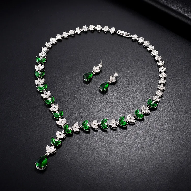 

Plant Silver Color Fahsion Wedding Jewelry Sets For Women Luxury Micro Pave Zircon Engagement Earrings Necklaces Set