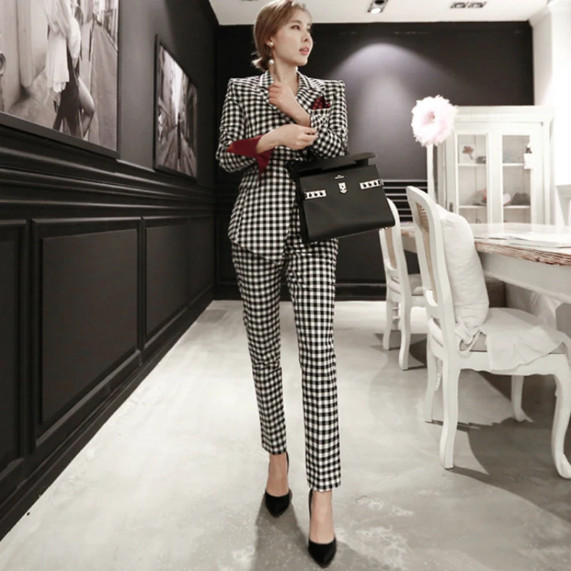 

Print Houndstooth Blazer and Pants with Pocket OL Work Office 2 Piece Set Brand Designer Korean Style Two Piece Set for Women