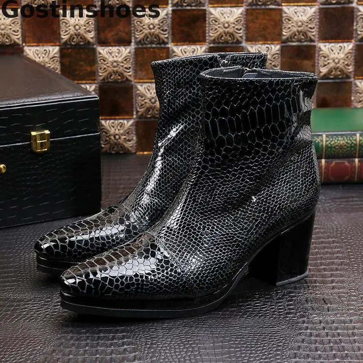 

Autumn Winter Men Boots Black Genuine Leather Snake Skin Printed Cap Toe Pointed Height Increased Men Short Ankle Boots Side Zip