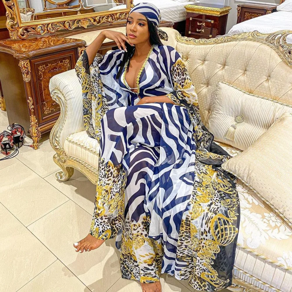 Two Piece Suit African Ladies Robe Dashiki Chiffon Cardigan And Loose Trousers Urban Plus Size Women Sets African Clothing New