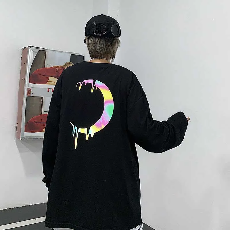 NiceMix Светоотражающая футболка в стиле панк с изображением Луны и радуги, контрастная свободная футболка с длинным рукавом, пуловер для женщин и мужчин, уличная одежда в Корейском стиле