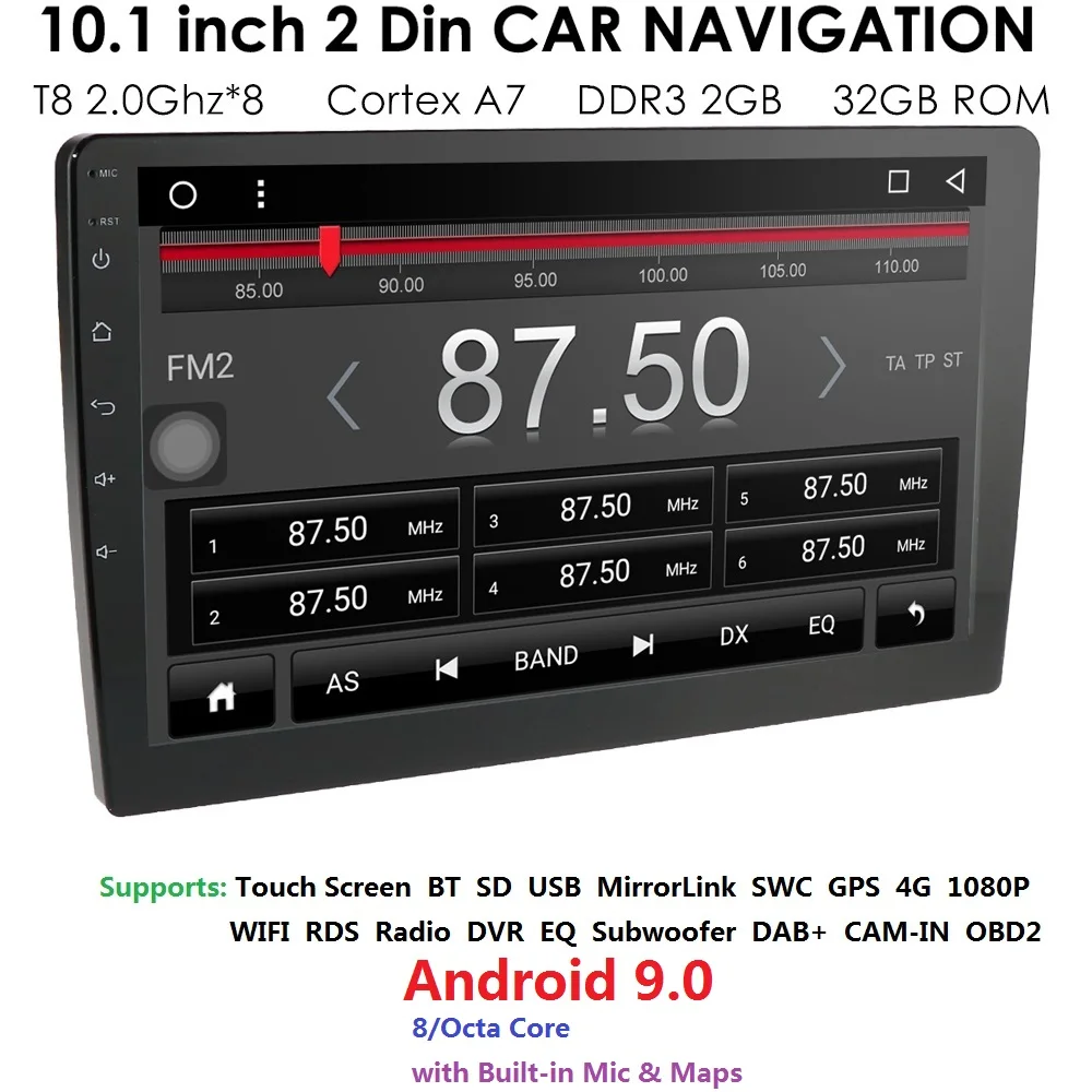 2DIN 10.1 Inch Android 9.0 Universal Radio Player GPS Navigation 2G RAM 32G ROM 4G WIFI Steering wh