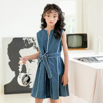 

2020 new girls denim bow dress fashion summer girls vest dresses 6-11t C807