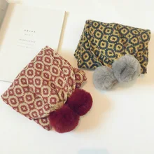 Korean Fashion Vintage Floral Print Winter Scarf Children Fur Ball Cute Knitting Warm Snood Children Neck Scarf Streetwear Shawl