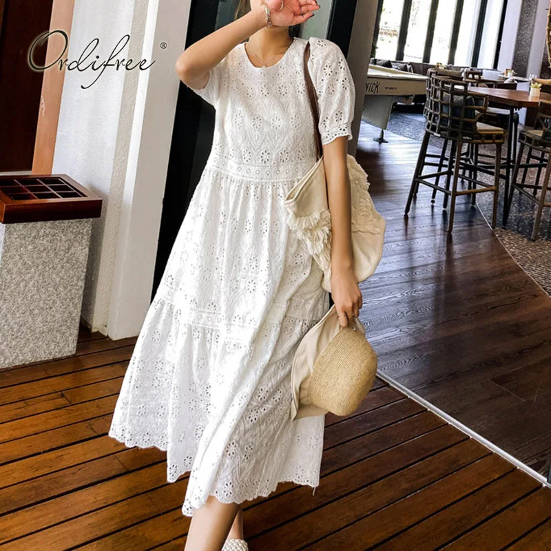 

Ordifree 2022 Summer Vintage Women Embroidery White Dress Short Sleeve White Lace Tunic Beach Dress