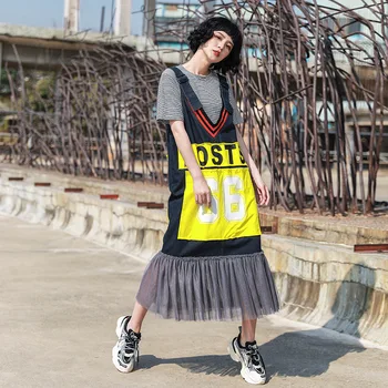 

Johnature 2020 Summer Denim Letter Printing Fashion Casual Patchwork Mesh Dresses New V-neck Loose Women Dress(only Dress)