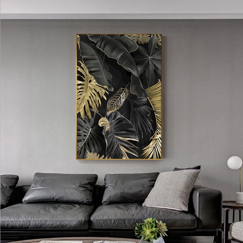 Oro Abstracto de hojas negras para de habitaciones, pintura en lienzo para arte de sala de estar, decoraciones para paredes del hogar, estampado de lujo|Pintura y caligrafía| - AliExpress