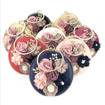 

New Round Hand-made Flowers Dinner Bag For Party Women Handbags Rhinestone Clutches Evening Bag Lady Luxury Wedding Clutch Purse