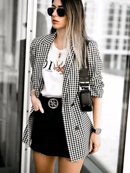 

Fashion BSK Vintage women Plaid Notched Blazer Elegant Office Lady Work-Wear Casual Female Outfits Casaco