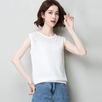 

Women's summer cut-out round neck solid color knitted sleeveless T-shirt
