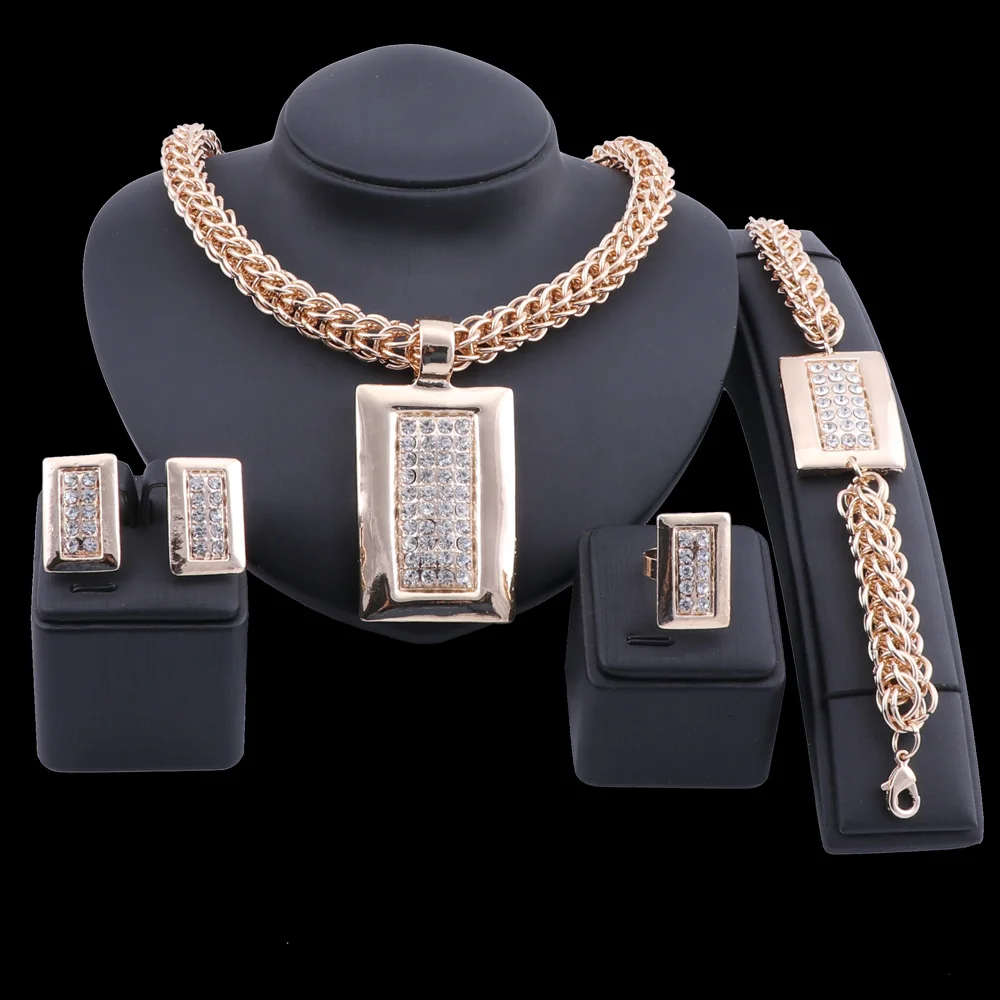 Lady Necklace Square Pendant Jewelry Set Dubai Wedding Bride Fashion