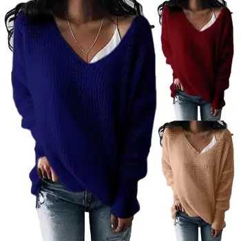 

Casual Women Autumn V Neck Long Sleeve Hollow out Pullover Loose Knitted Sweater Autumn Casual