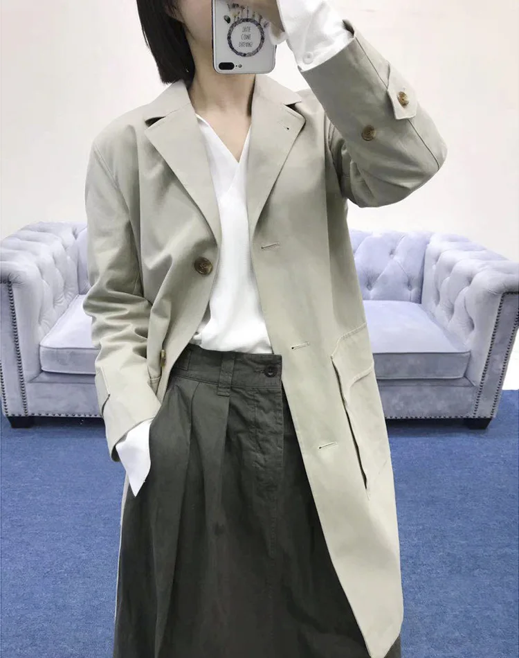 Women Trench Light Gray Green Cotton Straight Trench Coat