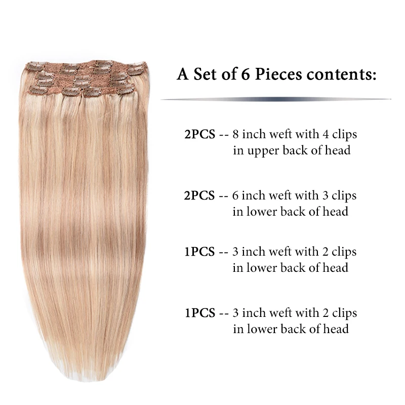Toysww Clip In Human Hair Extensions Straight Full Head Set 6pcs Machine Made Remy Hair Indian 100% Human Hair Exten