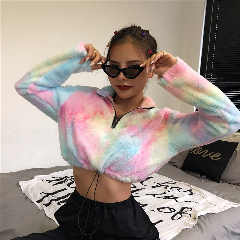 Beste Hugcitar 2019 tie dye lange mouwen rits hoge hals Faux lamswol crop tops herfst winter vrouwen streetwear effen jas
