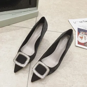 

2020 New spring fashion diamonds square buckles crystals studs pointed toe silk fabric lady's shoes thin heels