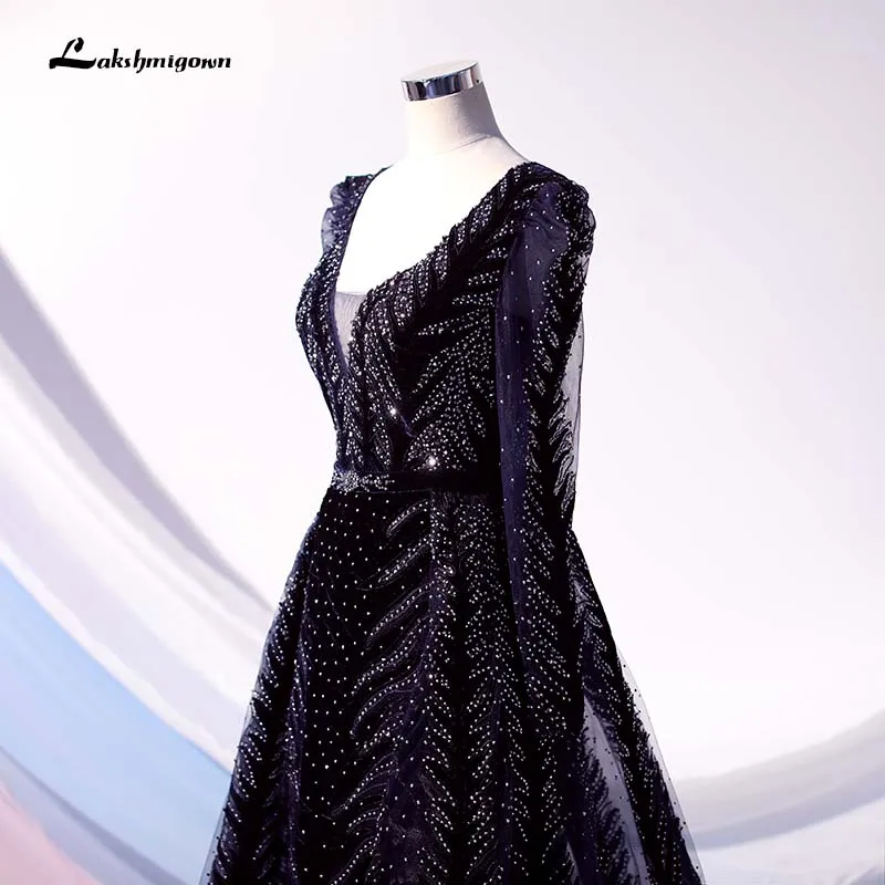 Lakshmigown темно-синие вечерние платья из Дубая бархата с длинным рукавом и v-образным вырезом, украшенные кристаллами, вечерние платья для женщин, вечерние платья
