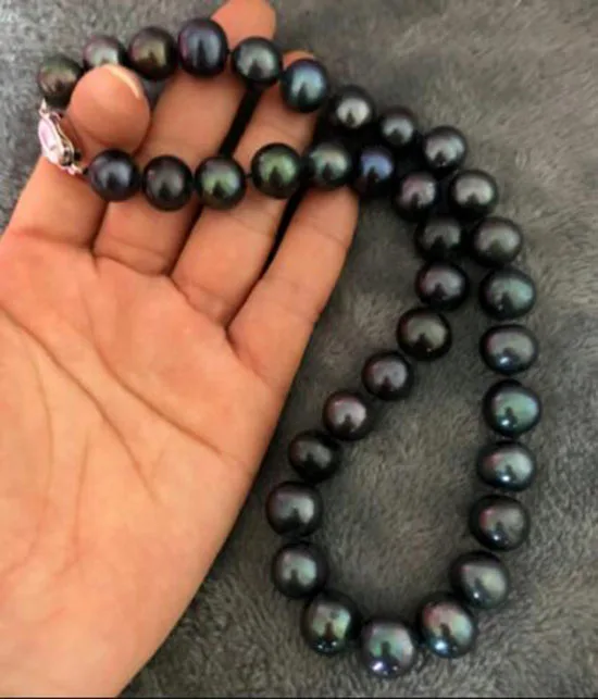 stunning 11-12mm round tahitian black green pearl necklace 18inch