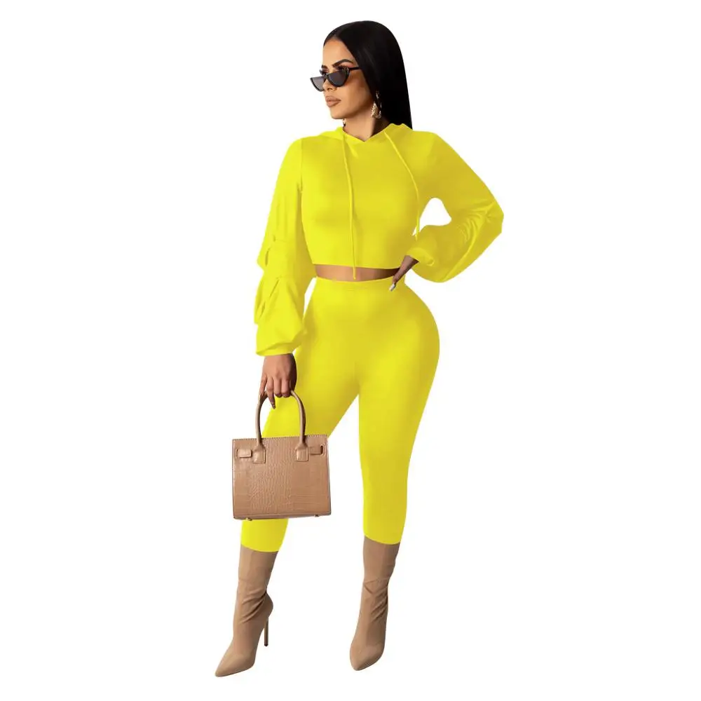 yellow Повседневная спортивная одежда с капюшоном, костюм из двух частей, длинные штаны с длинным рукавом, одноцветные, 4 цвета, размера плюс, 2xl, Осенний женский спортивный костюм - Цвет: yellow