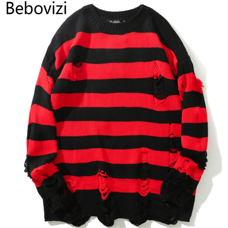 Bebovizi-suéter de punto con rayas rojas para hombre, Jersey de punto con agujeros, estilo Hip Hop, otoño de Harajuku Hipster, holgado, 2019