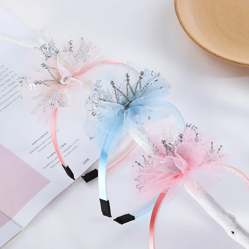 

2Pcs/Lot Kids Fashion Crown Mesh Yarn Hair Hoop Cute Girls Princess Hairband Bows Headband Bezel Wholesale Hair Accessories