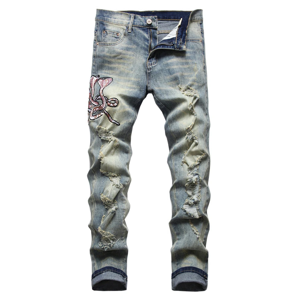 Men Jeans Snakes Jeans Embroidery Snake Denim Jeans Streetwear