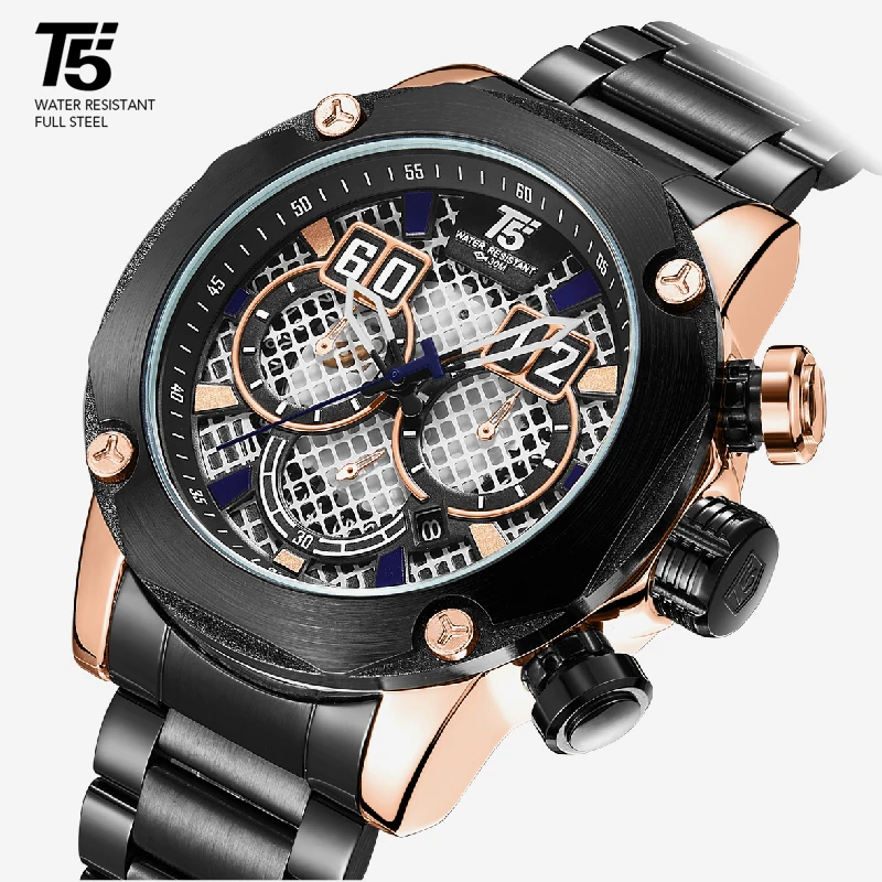 Кожаный ремешок Розовое золото черный люксовый бренд T5 кварцевые хронограф водонепроницаемые мужские наручные часы спортивные часы наручные часы мужские