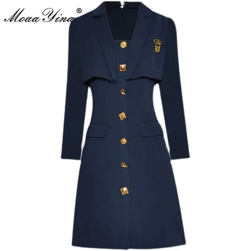 

MoaaYina модное дизайнерское платье весеннее женское платье с длинным рукавом однобортное тонкое однотонное платье