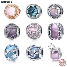 WOSTU 925 пробы Серебряный Натуральный Кристалл Сияющий стеклянный Шарм бусины подходят DIY браслет кулон Модные ювелирные изделия