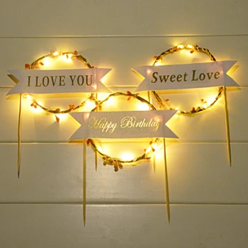 

Romantic LED Glowing Wreath Garland Rattan Happy Birthday Card Flag Cake Baking Dessert Decoration