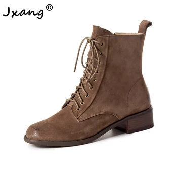 

JXANG Retro British style Elegant Women Ankle Boots Genuine Leather Lace up Autumn Winter Shoes Woman Office Ladies Shoes