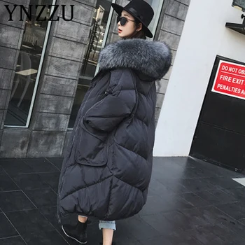 

YNZZU Korean Style 2019 New Winter Women's Down Jacket Casual Long with Real Fur Collar Hooded Thicken Warm Coat Plus Size A1150