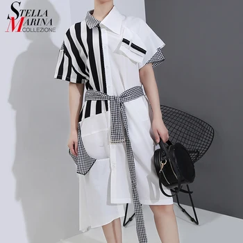 

New 2020 Korean Style Women Summer Fashion Unique White Shirt Dress With Sashes Stripes Patchwork Ladies Casual Midi Dress 6100