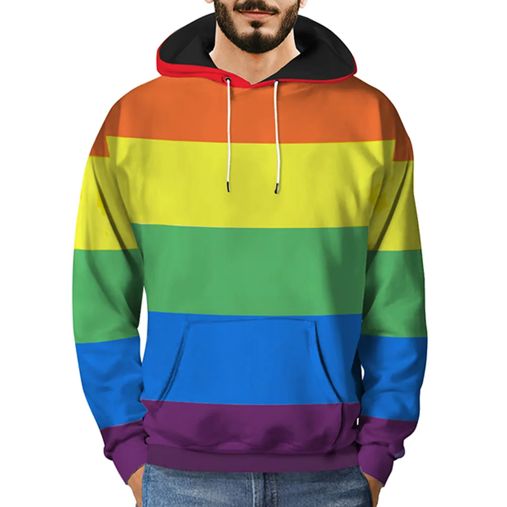 Hoodies Mens 3d Printed Rainbow Sweatshirt Loose Autumn Pullover Long Sleeve Hooded Pocket Casual Tops Tracksuit Sudadera Mujer | Мужская