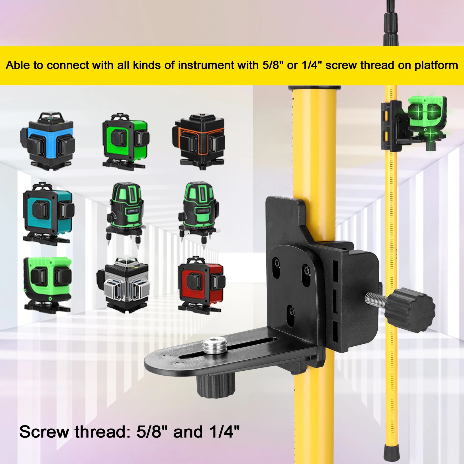 Laser Level Max 4.2m Height Adjustable Line Leveler Stand Bar Telescopic Pole Bracket 1/4''&5/8'' Thread Lift Extend Holder