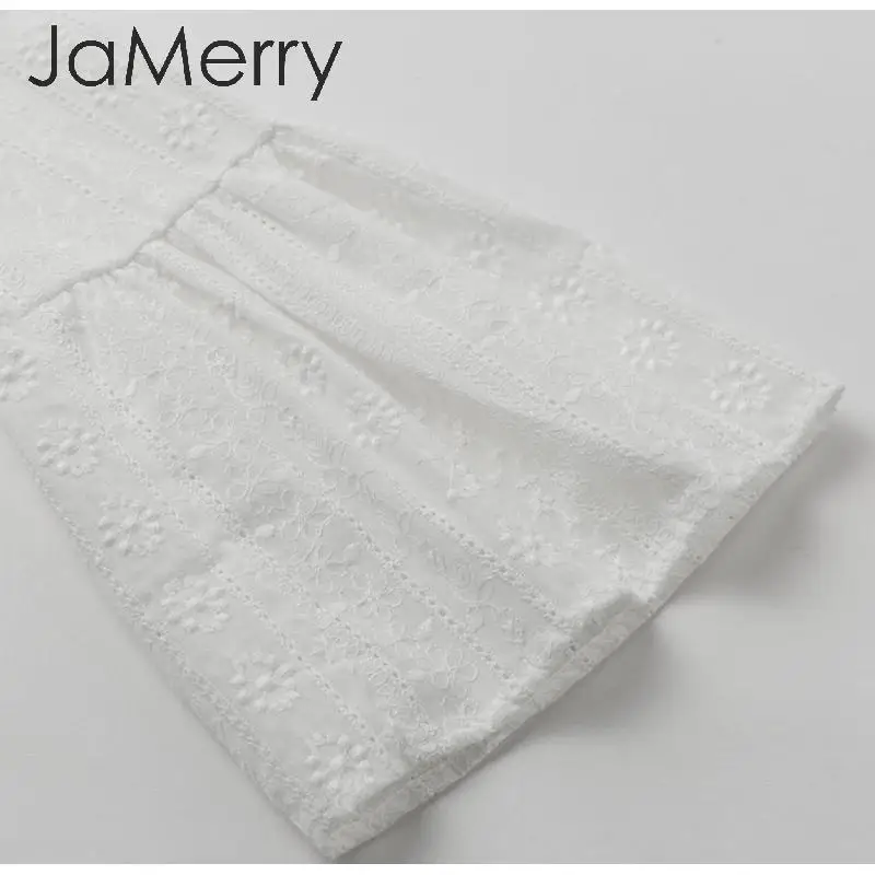 JaMerry, элегантная хлопковая блузка с оборками, женская, стоячая шея, вышивка, женские осенние топы, рубашки с длинным рукавом, офисные женские белые топы