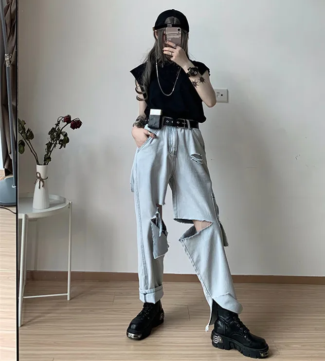 WHITNEY WANG Jeans Autumn Fashion Streetwear Ripped Frayed Holes Jeans Women High Street Denim Pants