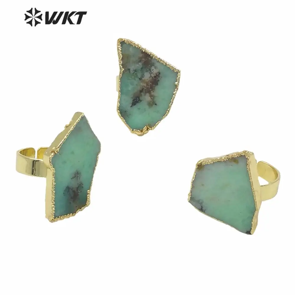 

WT-R362 Newest Green Stone Flat Ring For Party High Quality Natural Chrysoprase Female Ring With Gold Electroplated