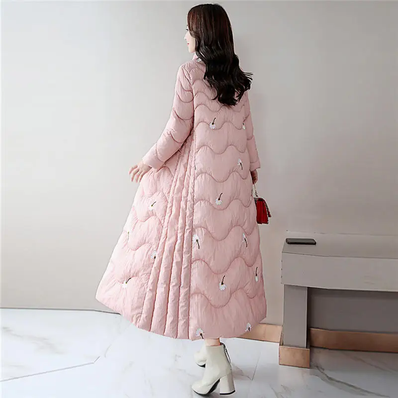3XL пуховая хлопковая куртка Женская длинная парка на подкладке теплое плотное зимнее пальто Femme Элегантное зимнее женское пальто с вышивкой верхняя одежда Q1855