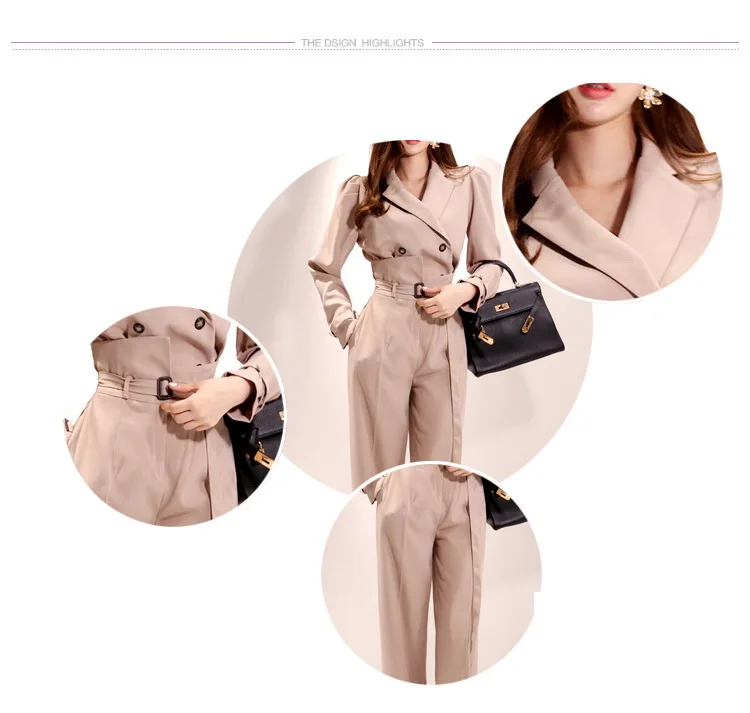 Fashion Office Ladies 2piece Pants Set Autumn Spring Women Bodycon Slim Blazers+ High Waist Belt Work Pants Set