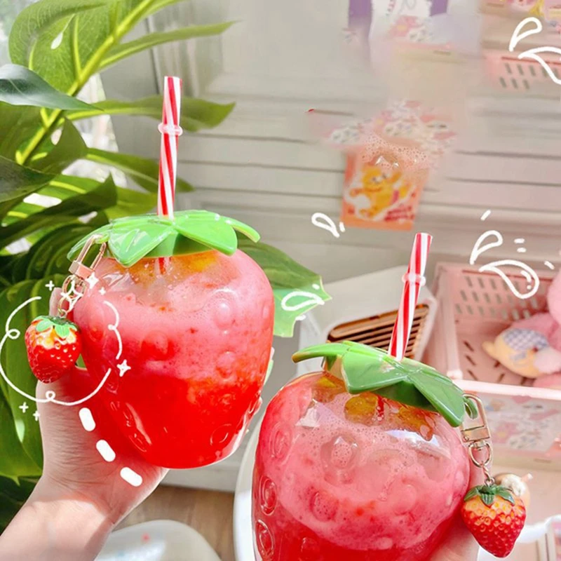 Creative Picnic Portable Water Cup with Simulation Strawberry Ornament Cartoon Cute 3D Strawberry Straw Cup