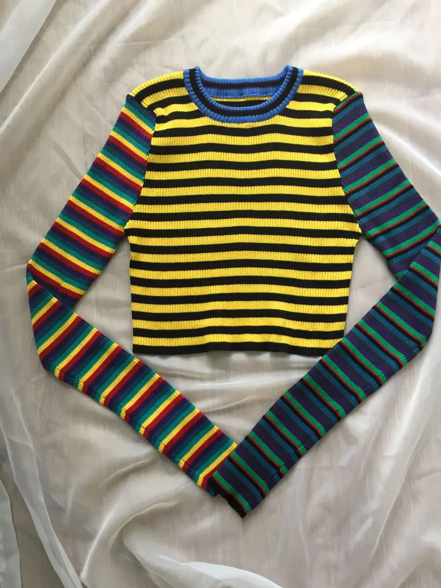 harajuku striped sweater women vintage punk block color rainbow multicolored cropped knit short pull sweaters winter sweater - Цвет: without tag- BY CF