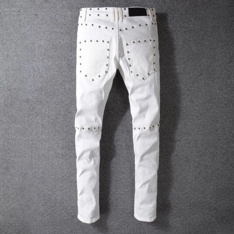 Top Quality Men Motor Biker Slim Fit Jeans Skinny Rivet Pencil Pants Punk Beads Pleated Long Denim Trousers Big Size White | Мужская