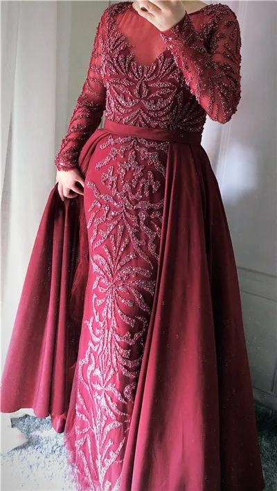 wine red Роскошные розовые вечерние платья Русалка emeradальд зеленый поезд с длинными рукавами бисером вышитое Стразами Вечернее платье LA6172 - Цвет: wine red
