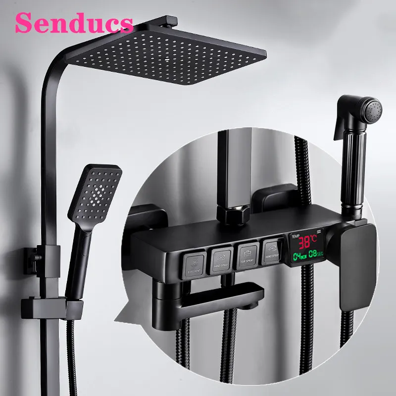 Digital Shower Set Senducs Matte Black Bathroom Mixer Faucets Rainfall Head Luxury Thermostatic System | Обустройство дома